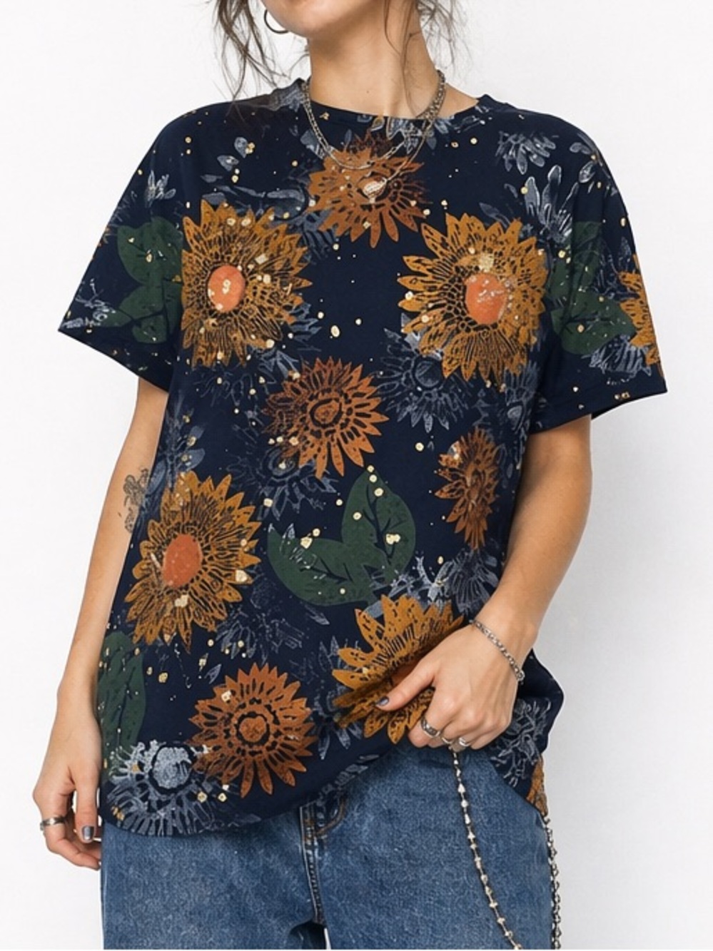 Vintage Hand Painted‎ Sunflower Tee USA Made Petite Small Art Top